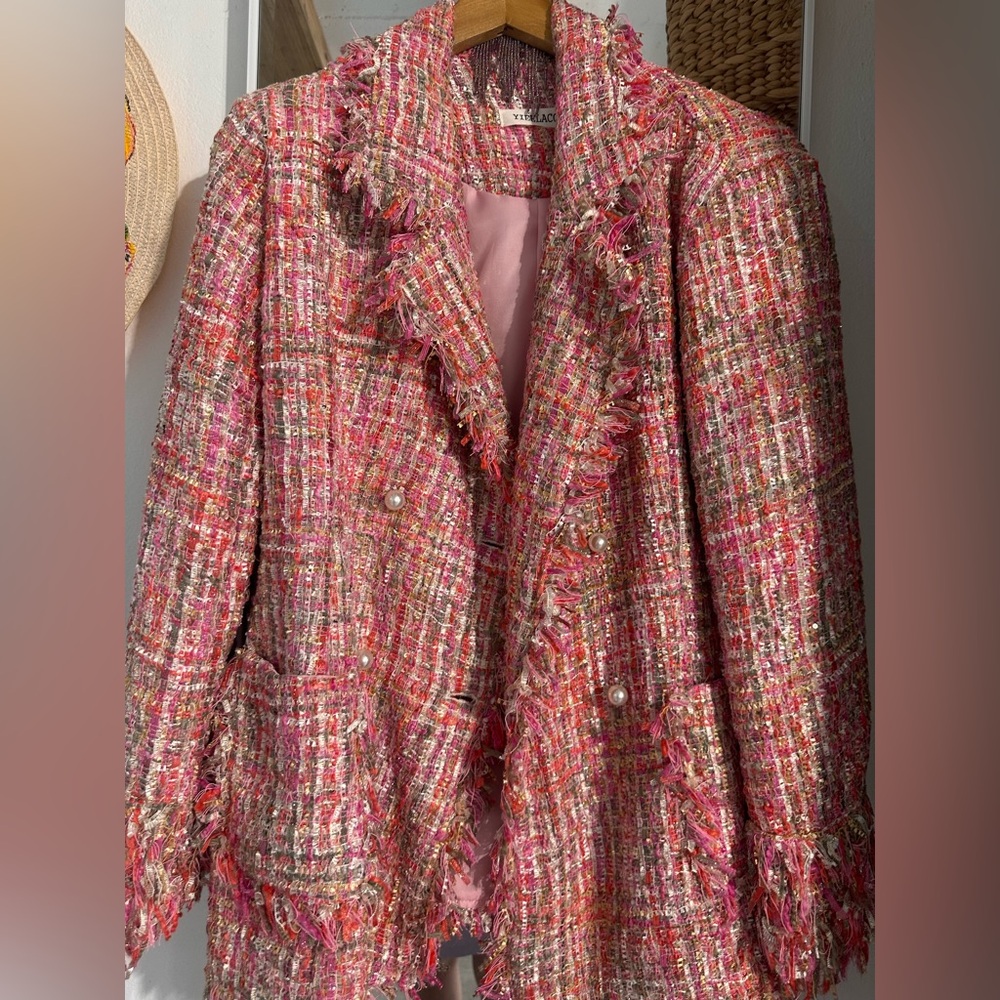 Chic Pink Tweed Women's Jacket designer inspired fabulous